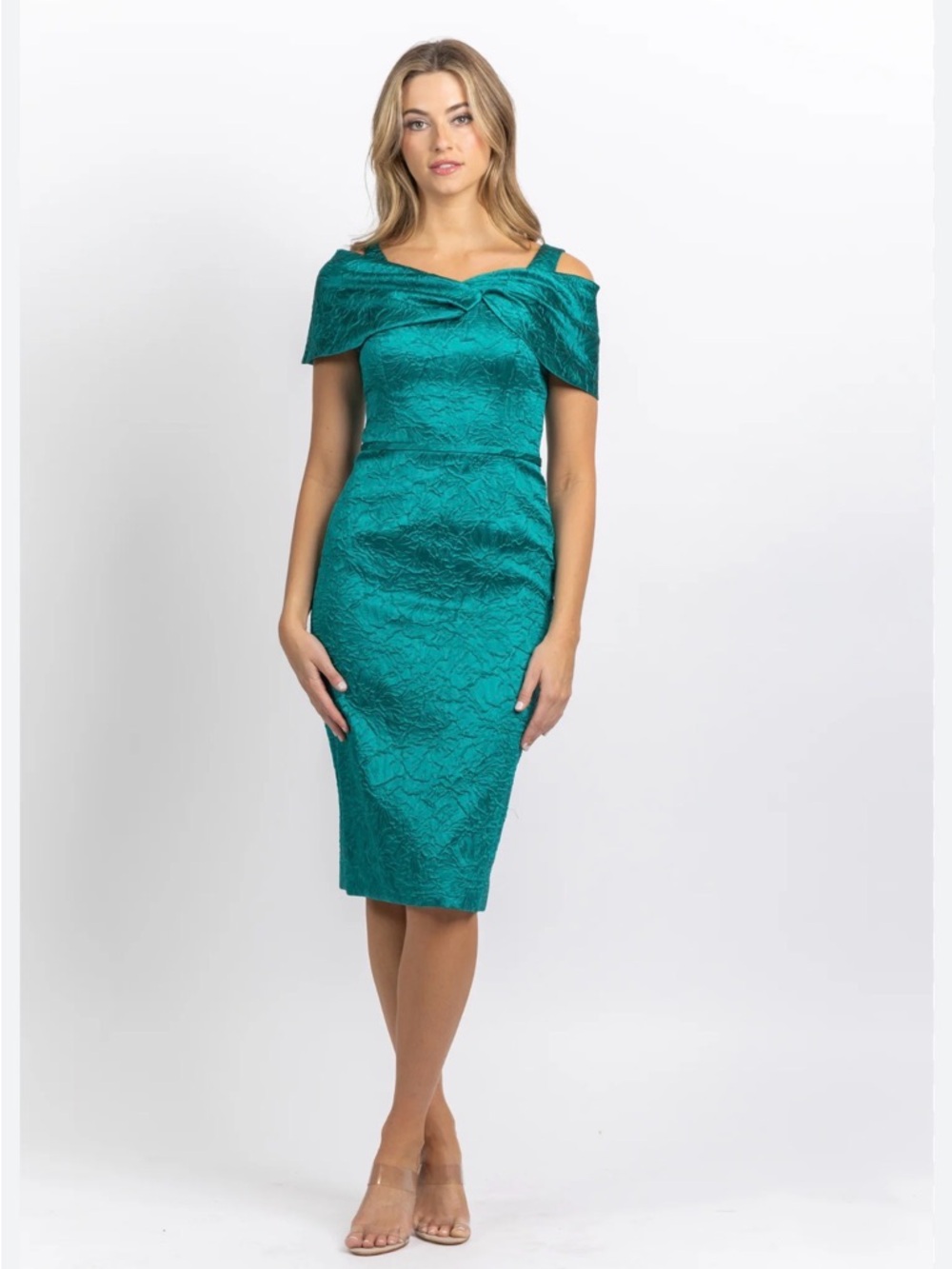 Teri Jon Teal Textured Bow Midi Dress